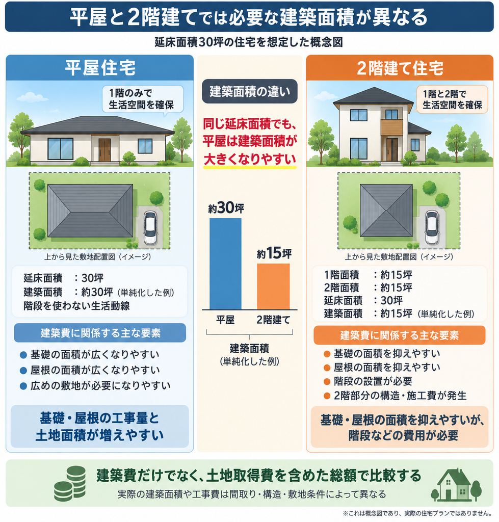 延床面積30坪の平屋と2階建てで、建築面積や基礎・屋根の工事量が異なる仕組みを示した比較図