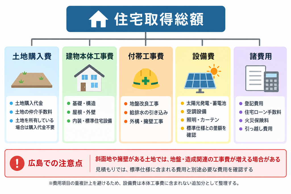 住宅取得総額を土地購入費・建物本体工事費・付帯工事費・設備費・諸費用に分けた図