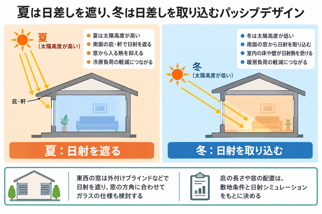 夏は庇で高い日差しを遮り、冬は低い日差しを室内に取り込む住宅設計の比較図