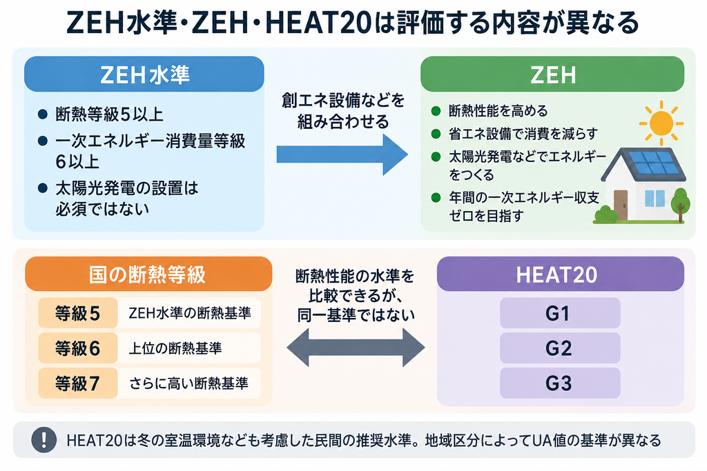 ZEH水準とZEHの違い、国の断熱等級とHEAT20の位置付けを整理した概念図