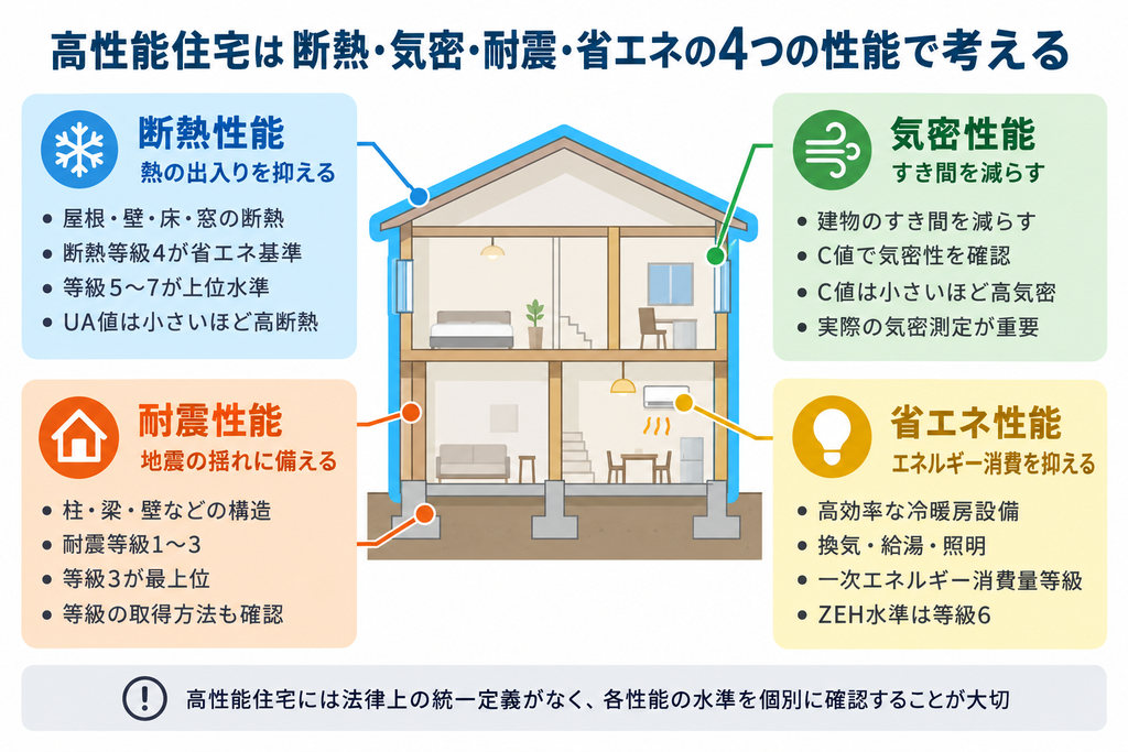 高性能住宅を構成する断熱・気密・耐震・省エネの4つの性能と住宅の関係を示した図