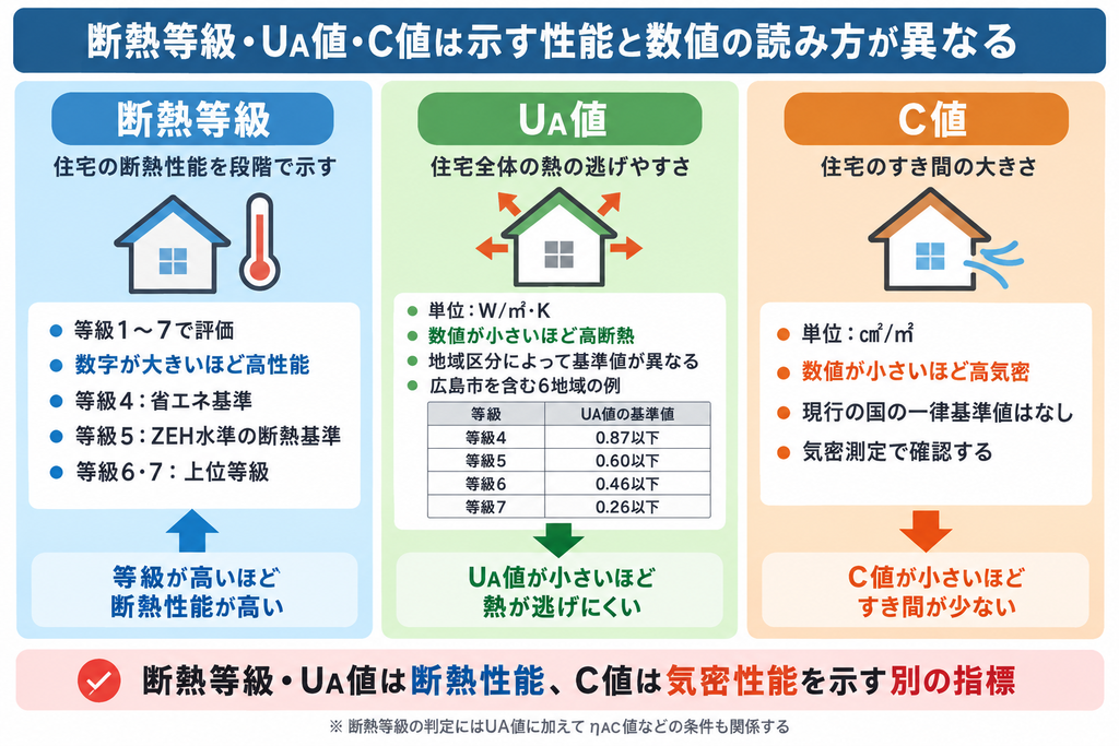 断熱等級・UA値・C値の意味と数値の読み方、広島市の断熱基準を比較した図
