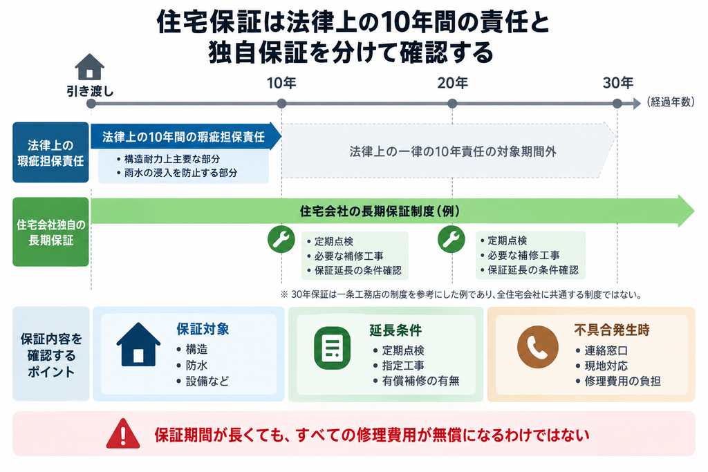 新築住宅の法律上の10年間の瑕疵担保責任と住宅会社独自の長期保証・点検条件を示した図