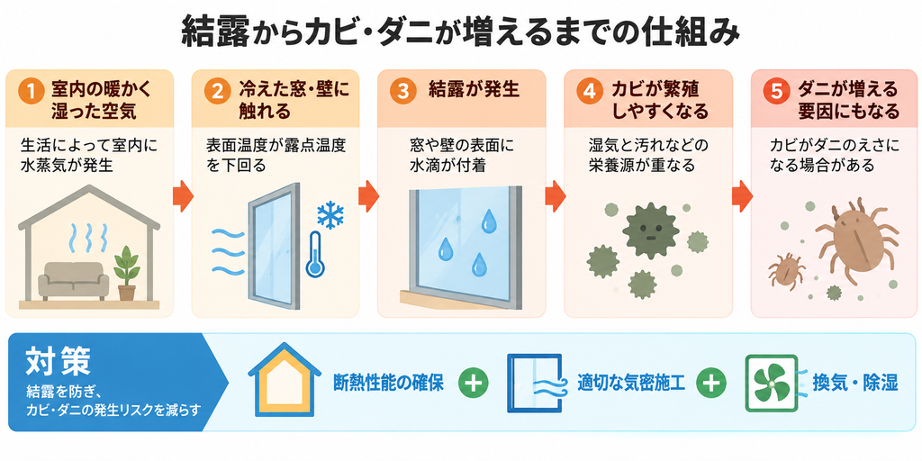 室内の湿った空気が冷えた窓や壁で結露し、カビやダニが増えやすくなる仕組みと断熱・換気による対策