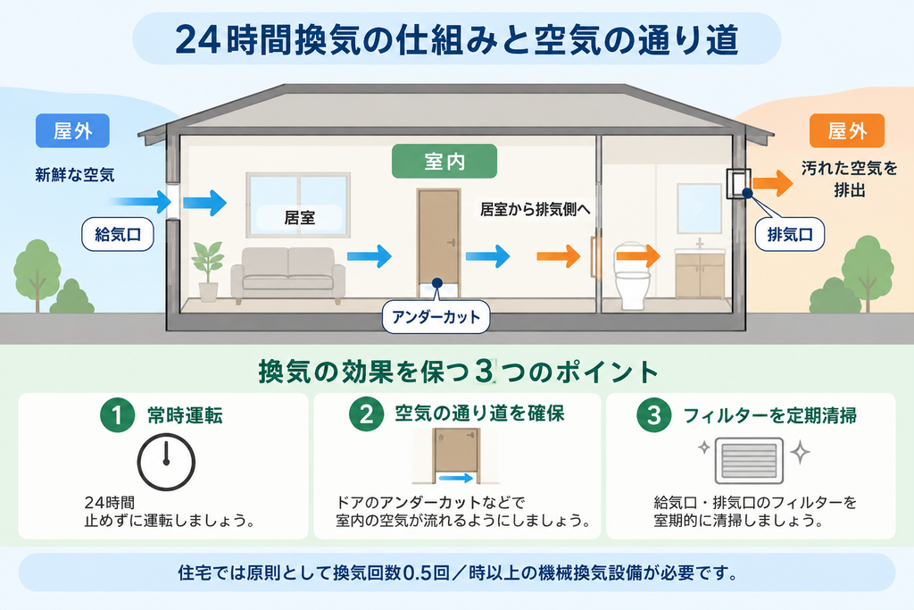 住宅の給気口から室内へ空気を取り込み、通気経路を通して排気する24時間換気の仕組みと清掃のポイント