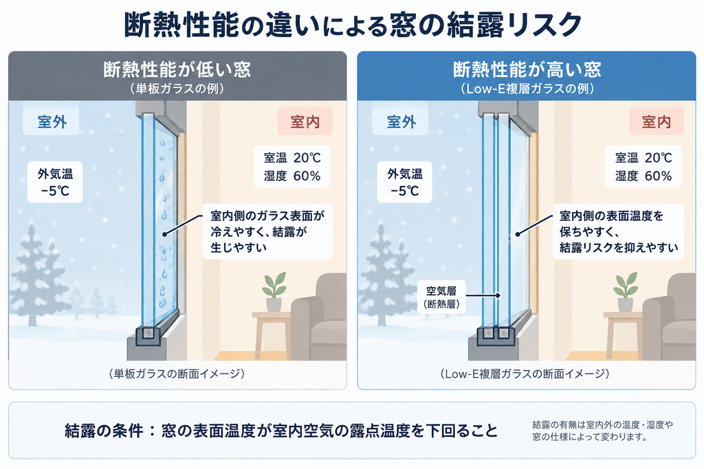 単板ガラスとLow-E複層ガラスの断熱性能を比較し、窓の表面温度と結露リスクの違いを示した図解