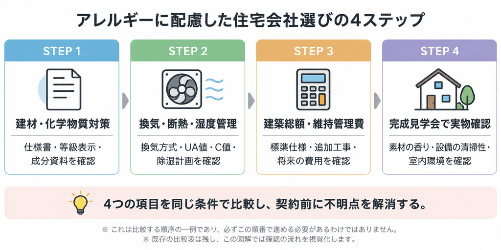 住宅会社選びで建材の仕様、換気と断熱、建築総額、完成見学会を確認する4ステップを示した図解