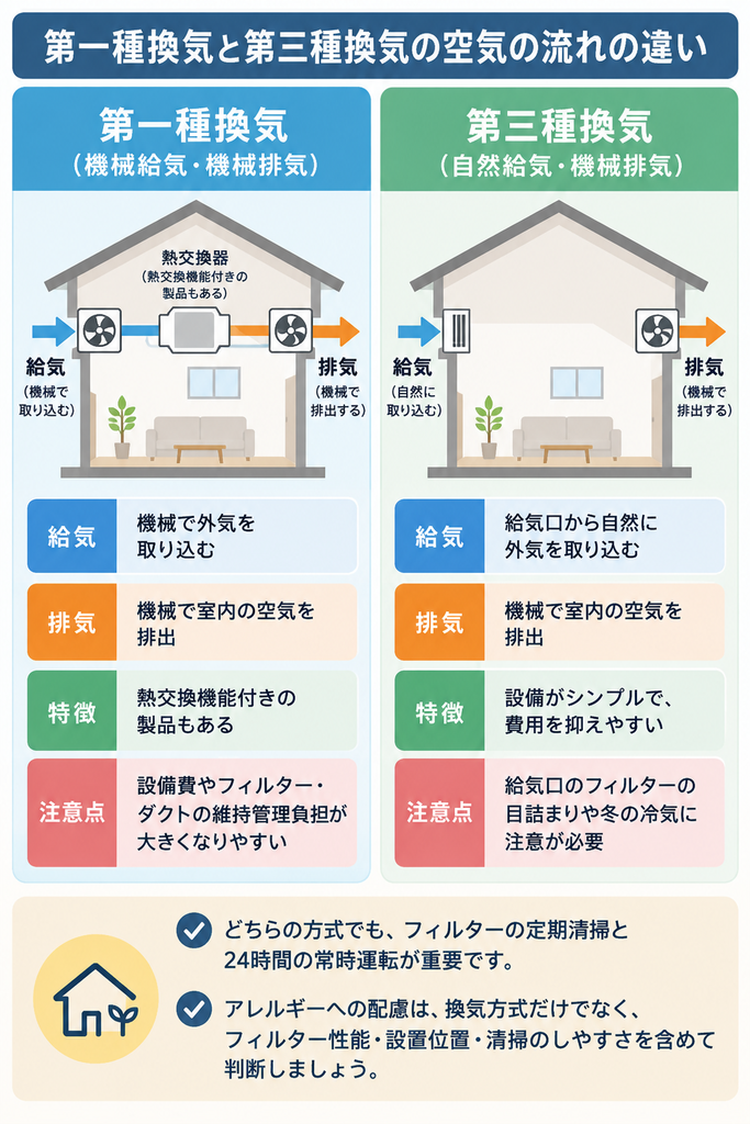 第一種換気は給排気とも機械、第三種換気は自然給気と機械排気を用いる仕組みと、それぞれの特徴を比較した図解