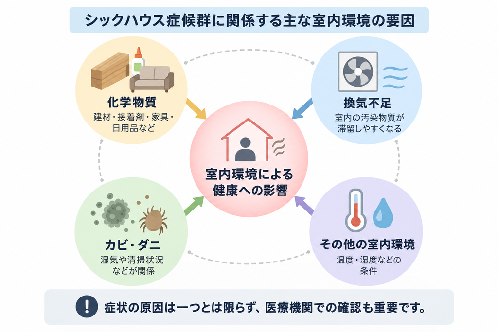 シックハウス症候群に関係する化学物質、換気不足、カビ・ダニ、温湿度など複数の室内環境要因を示した相関図