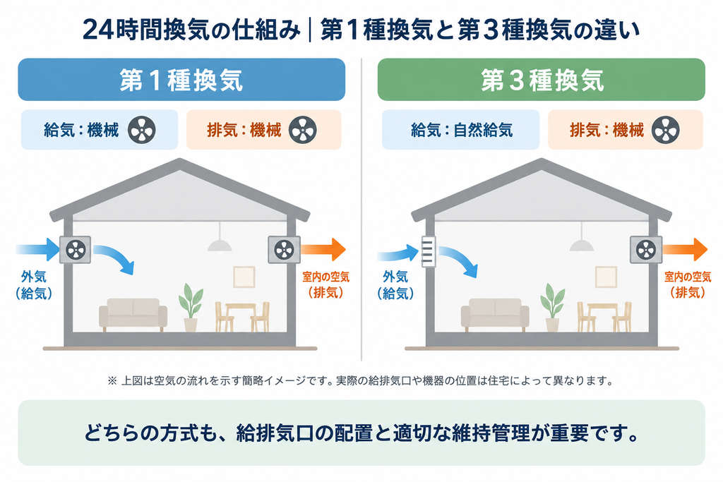 24時間換気の第1種換気と第3種換気について、機械給気・自然給気と機械排気による空気の流れを比較した図解