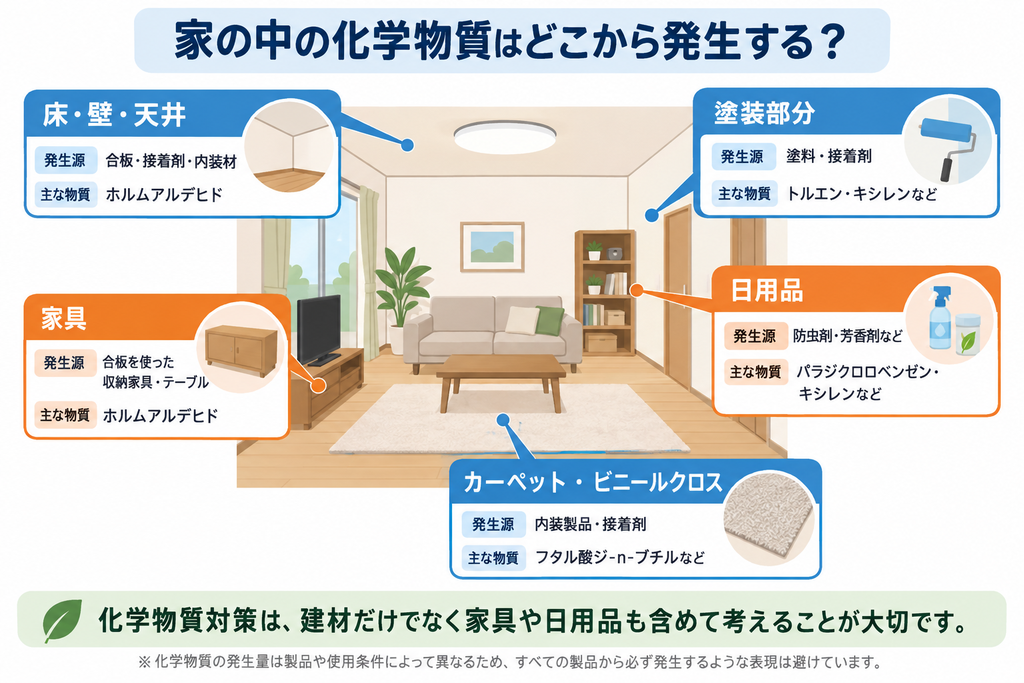 家の化学物質の主な発生源を住宅断面図で示し、建材・塗料・家具・日用品と関係する物質を整理した図解