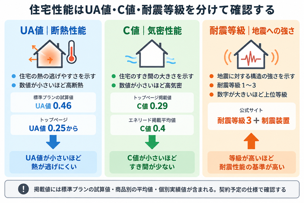アイレストホームのUA値・C値・耐震等級の意味と掲載数値の適用範囲を比較した図