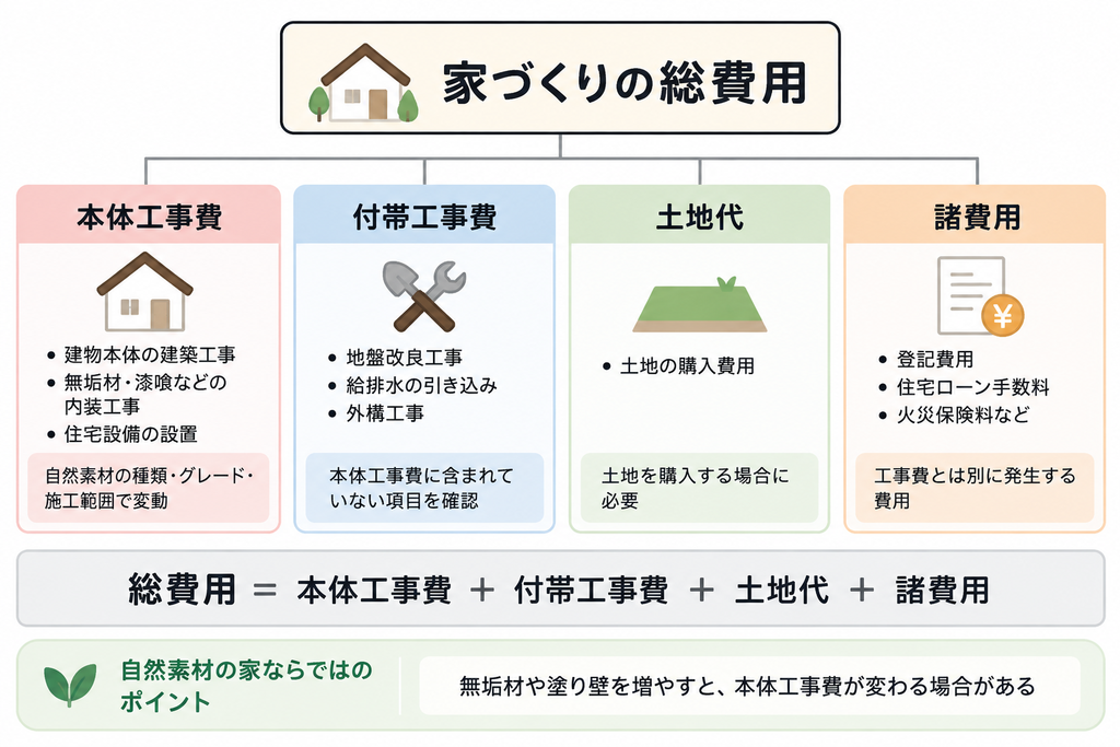 自然素材の注文住宅にかかる総費用を本体工事費・付帯工事費・土地代・諸費用の4項目に分けた図