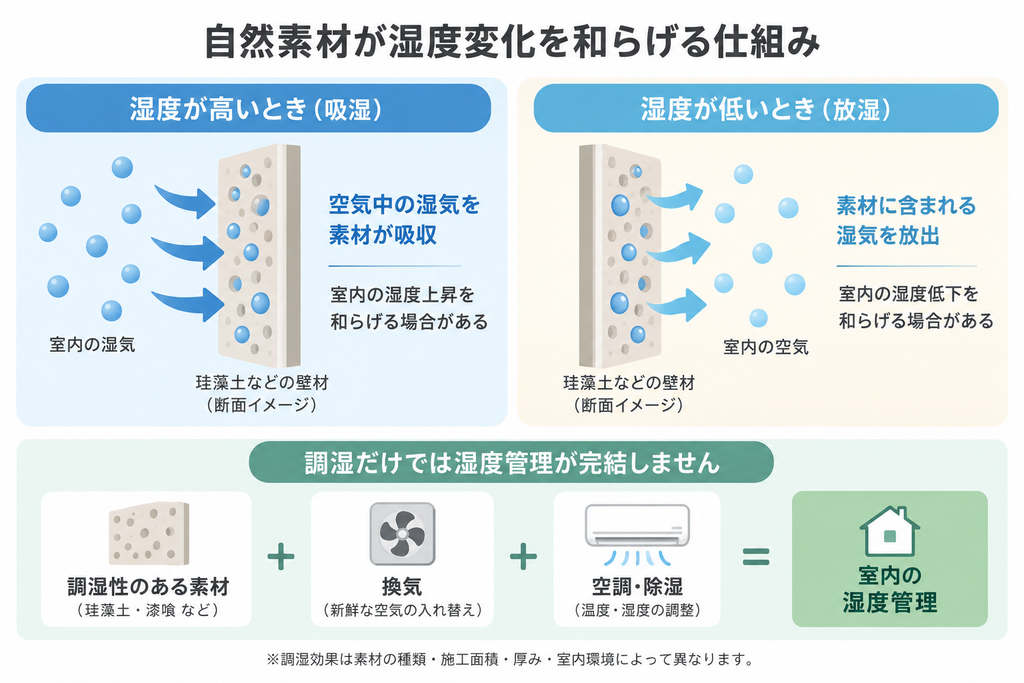 珪藻土などの自然素材が湿気を吸収・放出する仕組みと、換気・空調を組み合わせた湿度管理を示す図