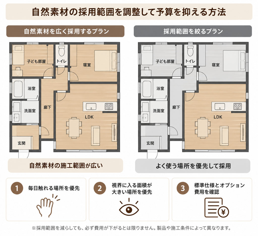 自然素材を家全体に採用する場合とLDKなどに限定する場合の施工範囲の違いを示す間取り比較図