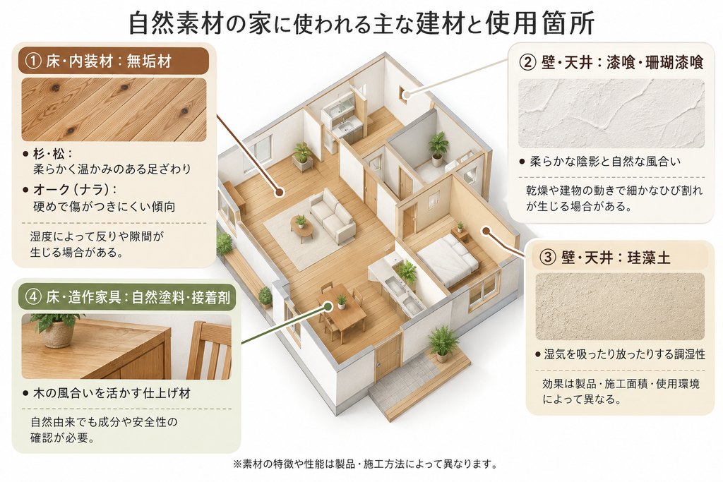 自然素材の家で使われる無垢材・漆喰・珪藻土・自然塗料の主な使用箇所を示した住宅イラスト