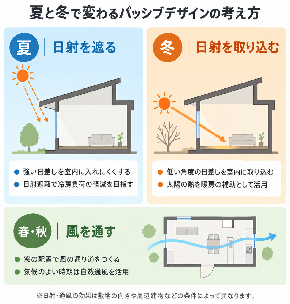夏は軒で日射を遮り冬は窓から日差しを取り込むパッシブデザインと春秋の自然通風を示す図