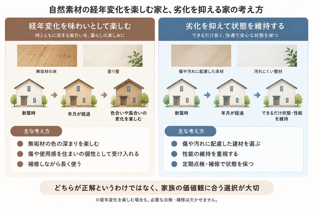自然素材の色や風合いの経年変化を楽しむ考え方と、新築時の状態や性能の維持を重視する考え方の比較図