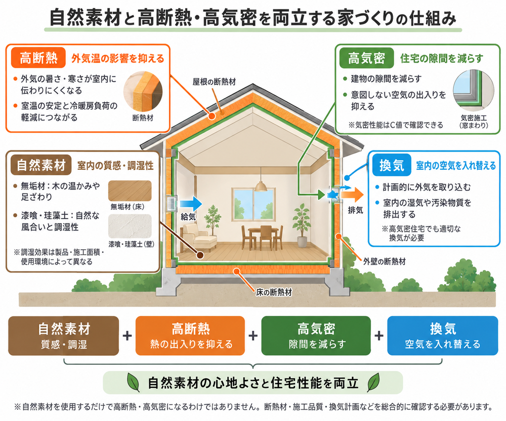自然素材の質感と調湿性、高断熱による温熱環境、高気密による隙間対策、換気による空気の入れ替えを示す住宅断面図