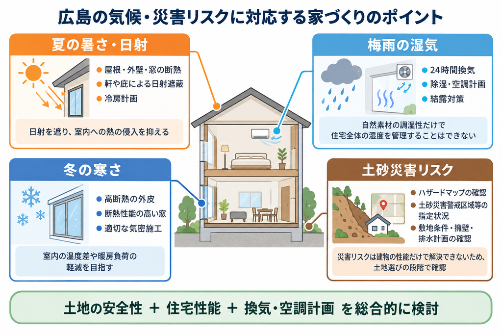 広島の夏の暑さ・梅雨の湿気・冬の寒さ・土砂災害に対応する住宅対策の概念図。