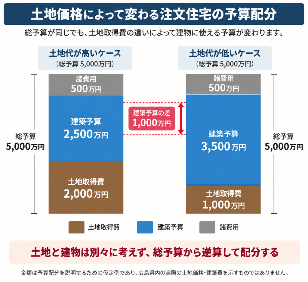 総予算5,000万円で土地取得費が変わると建築予算がどう変化するかを示す比較図。