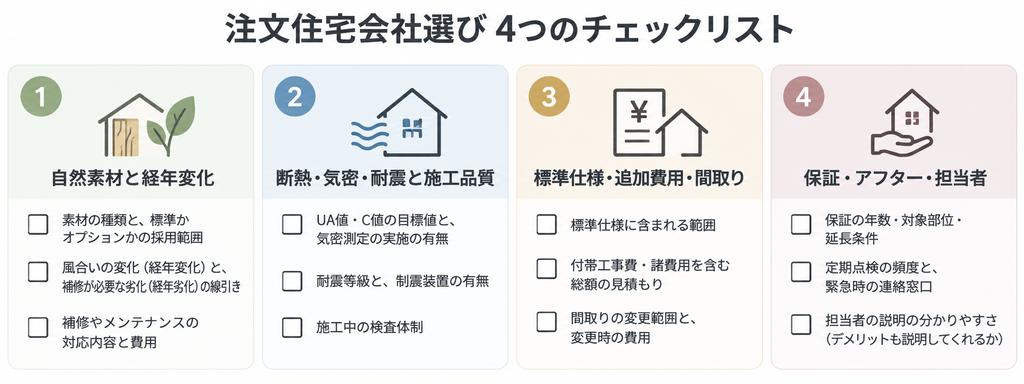 注文住宅会社選びで確認したい自然素材と経年変化、住宅性能と施工品質、標準仕様と費用、保証と担当者対応の4項目をまとめたチェックリスト。