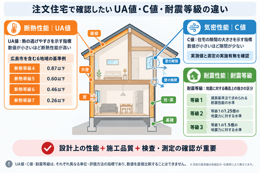 住宅の断熱性能を示すUA値、気密性能を示すC値、耐震性能を示す耐震等級の違いを示す図。