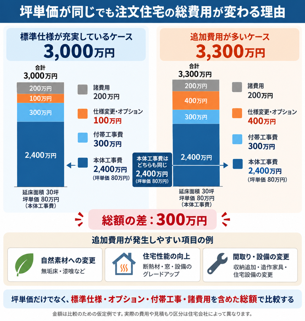 同じ坪単価80万円でも標準仕様やオプション費用の違いで住宅の総費用が変わる比較図。