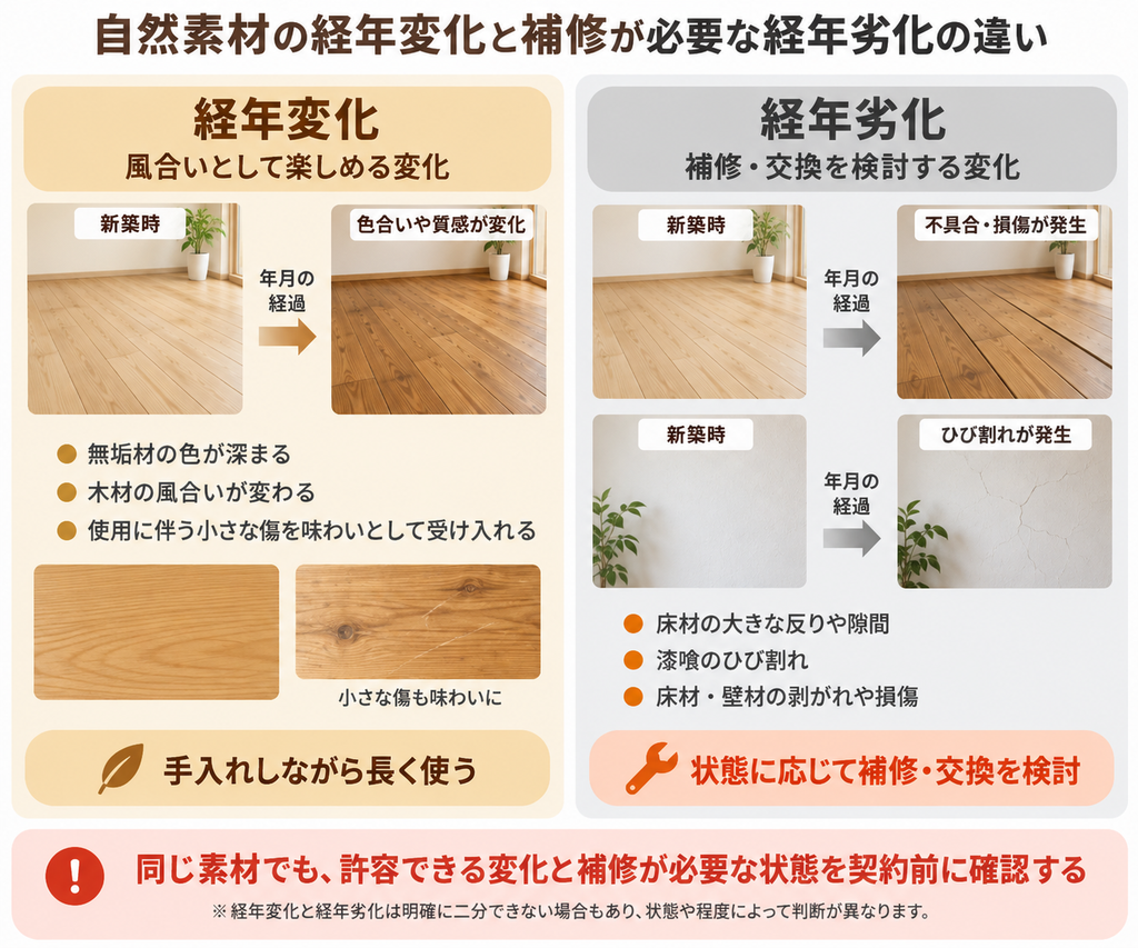 無垢材や漆喰の風合いとして楽しめる経年変化と補修を検討する経年劣化の違いを示す図。