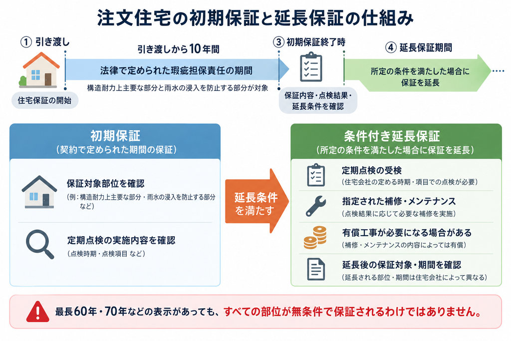 新築住宅の10年間の瑕疵担保責任と住宅会社独自の初期保証・延長保証の関係を示す図。