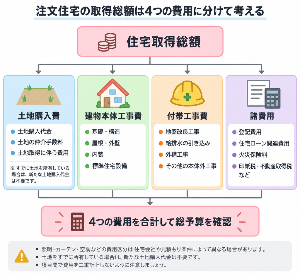  注文住宅の取得総額を土地購入費・建物本体工事費・付帯工事費・諸費用に分けた構成図