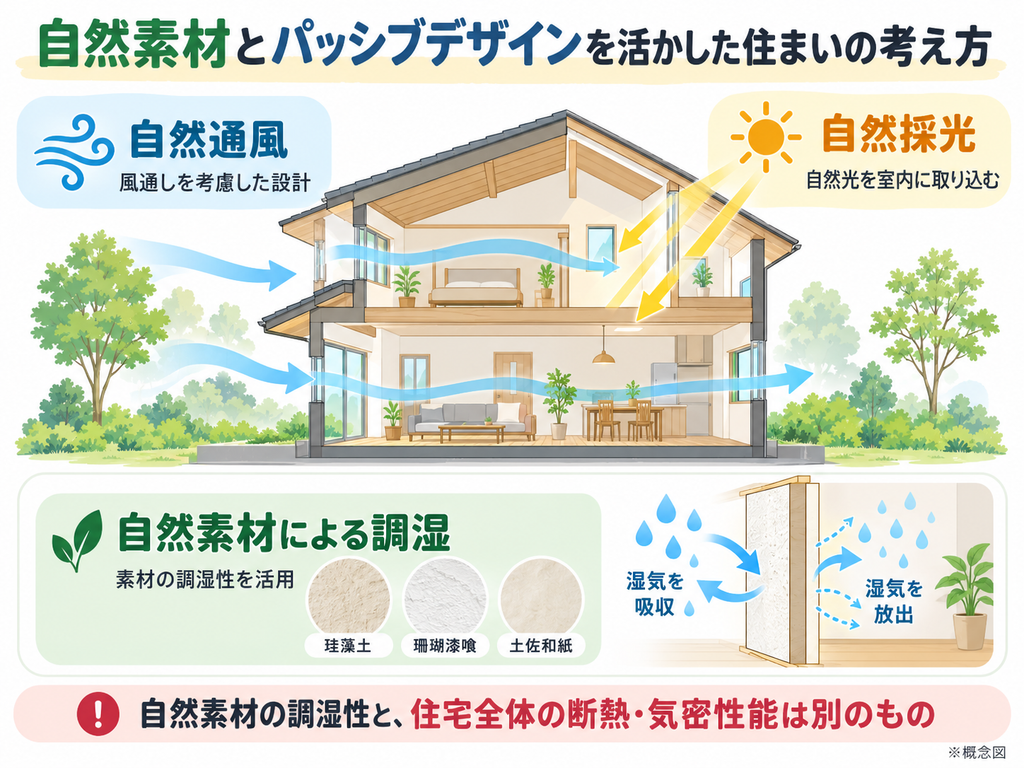 山尾工務店が採用する自然通風・自然採光・自然素材による調湿の考え方を住宅断面で示した図解。 