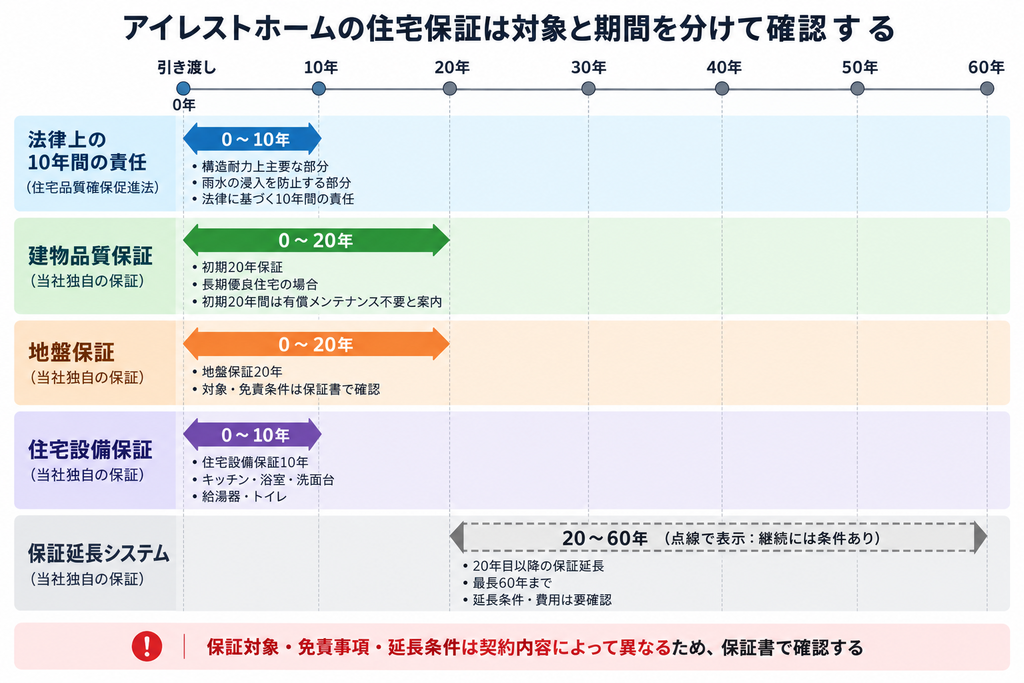 アイレストホームの建物・地盤・設備保証と最長60年の保証延長を時系列で示した図