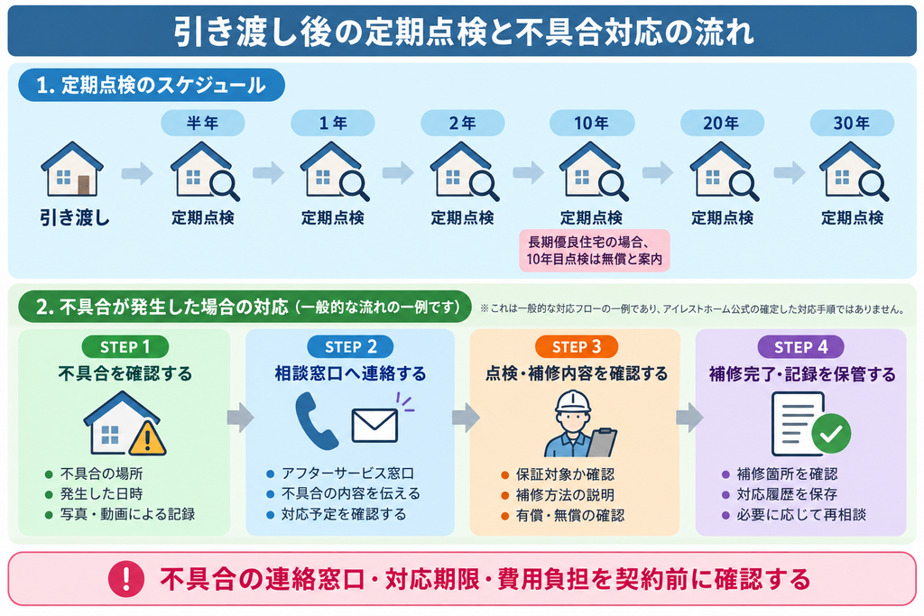  アイレストホームの引き渡し後の定期点検時期と不具合発生から補修までの確認手順を示した図