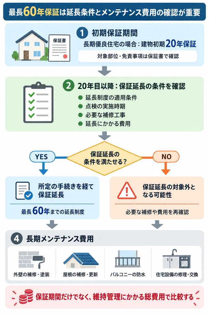 アイレストホームの初期20年保証から最長60年の保証延長までの条件と維持管理費用を整理した図