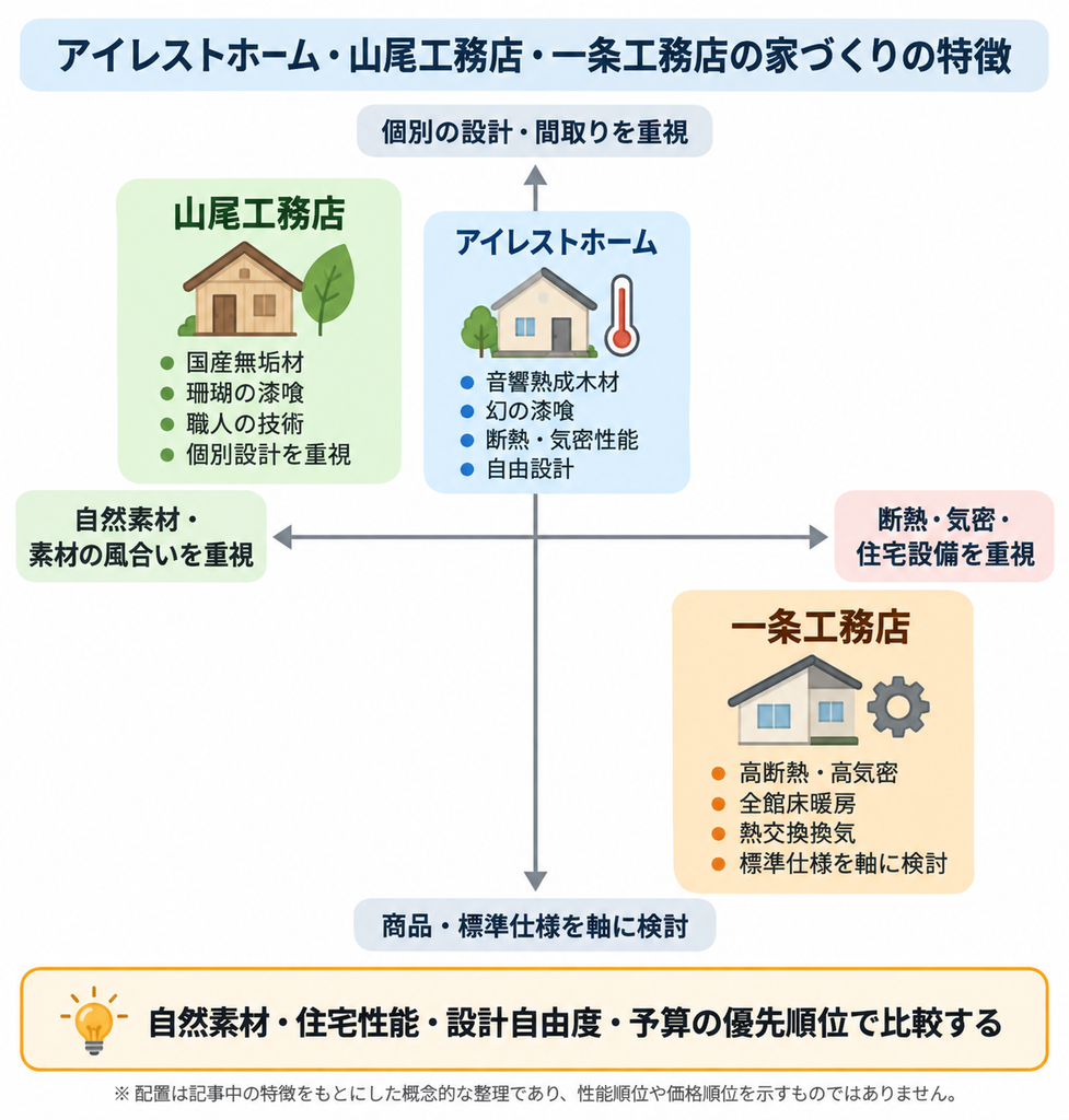アイレストホーム・山尾工務店・一条工務店の自然素材・住宅性能・設計方針の違いを示した図