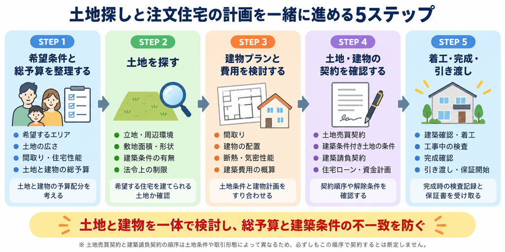 アイレストホームで土地探しから建物計画・契約・着工・引き渡しまで進める流れを示した図