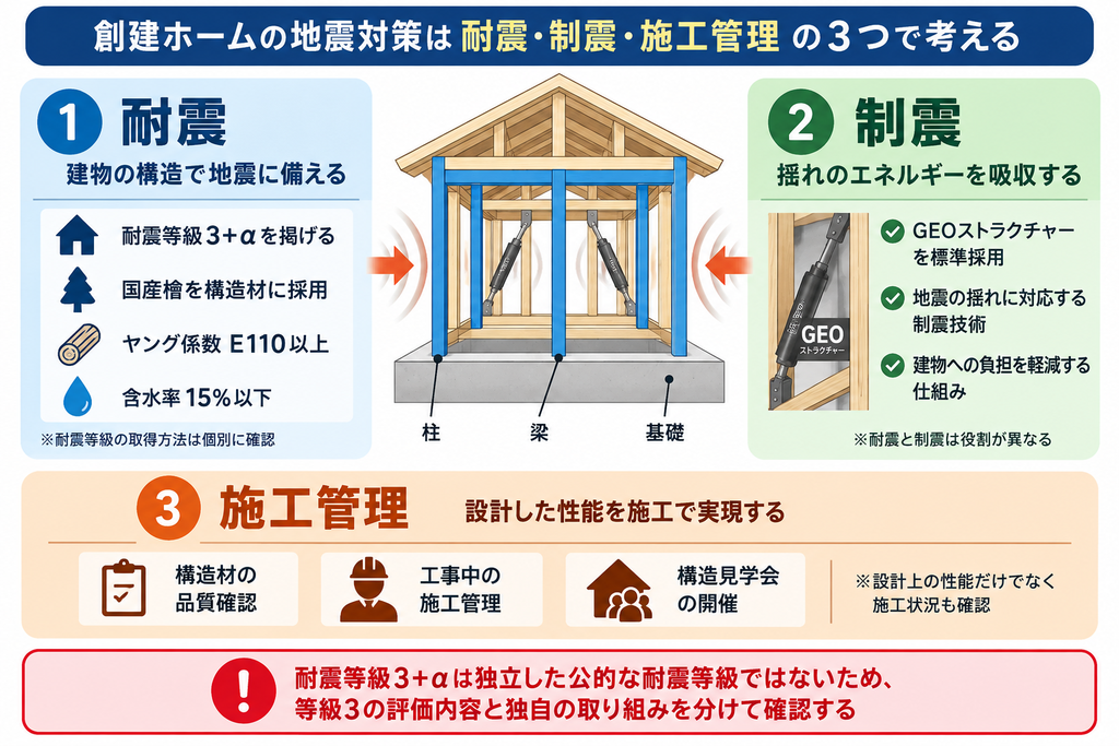 創建ホームの耐震等級3+α、制震システムGEOストラクチャー、施工管理の役割を示した図