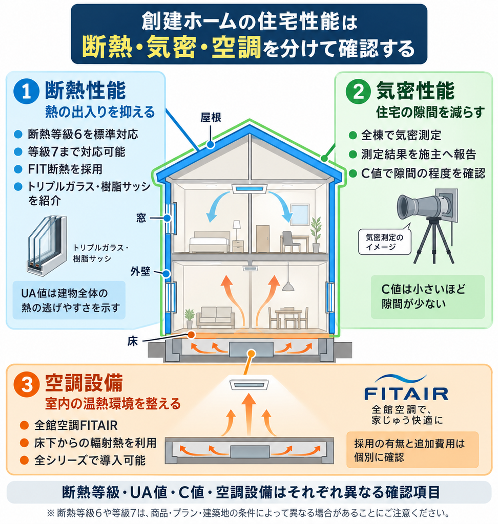 創建ホームの住宅断面を使い、断熱等級・UA値・C値・全館空調FITAIRの関係を示した図