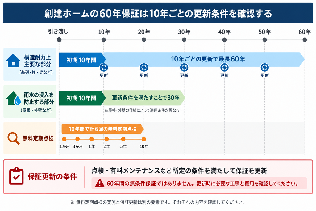 創建ホームの最長60年保証と10年ごとの更新条件、引き渡し後6回の無料定期点検を示した図