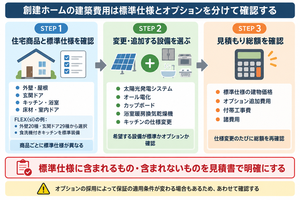 創建ホームの標準仕様の確認からオプション追加、見積もり総額の確認までを示した3ステップの図