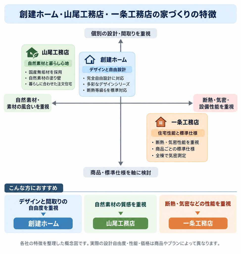 創建ホーム・山尾工務店・一条工務店を自然素材・住宅性能・設計自由度の2軸で整理した図