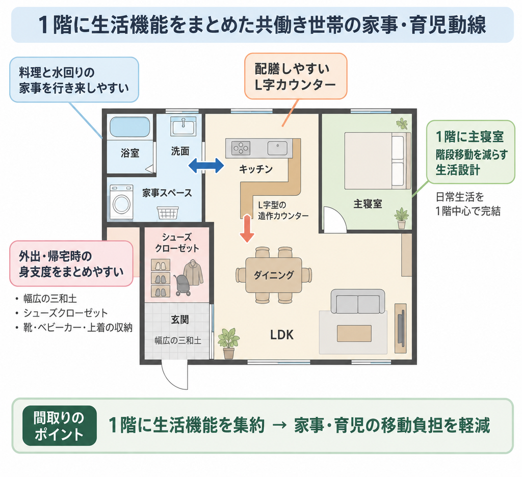 日興ホームの施工事例をもとに1階のLDK・水回り・主寝室・玄関収納の関係を示した概念図