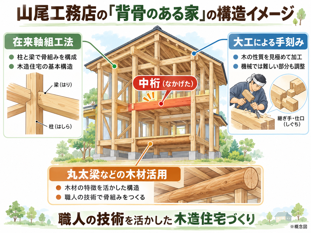  山尾工務店の在来軸組工法と、中桁を用いた「背骨のある家」、大工による手刻みの特徴を示した構造図解。 