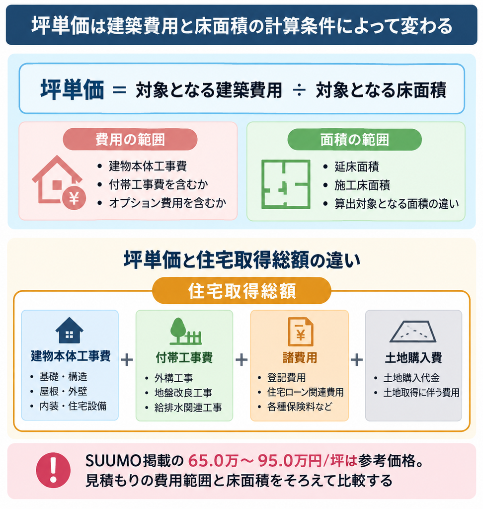 注文住宅の坪単価の計算式と建物本体費・付帯工事費・諸費用・土地代の関係を示す図