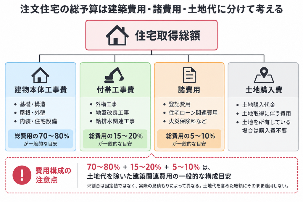  注文住宅の総予算を本体工事費・付帯工事費・諸費用・土地購入費に分けた費用構成図