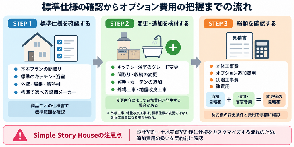  日興ホームの標準仕様から設備変更・追加工事によって建築費用が変わる流れを示した図