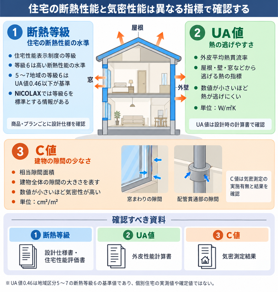  住宅断面を使って断熱等級・UA値・C値の意味と確認方法を整理した図