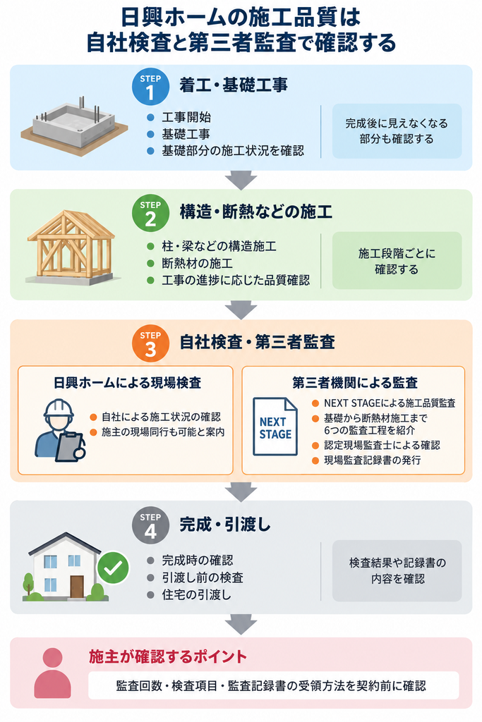 日興ホームの基礎工事から完成までの自社検査と第三者監査の関係を示した施工品質管理図