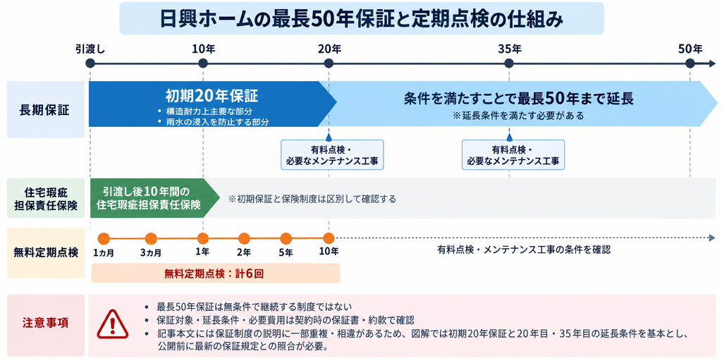  日興ホームの初期20年保証から最長50年への延長条件と無料定期点検6回を示した時系列図